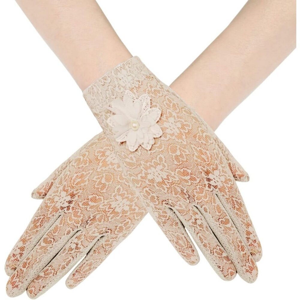 Women's Beige Flapper Floral Lace Gloves Opera Stretchy Wedding Party Prom